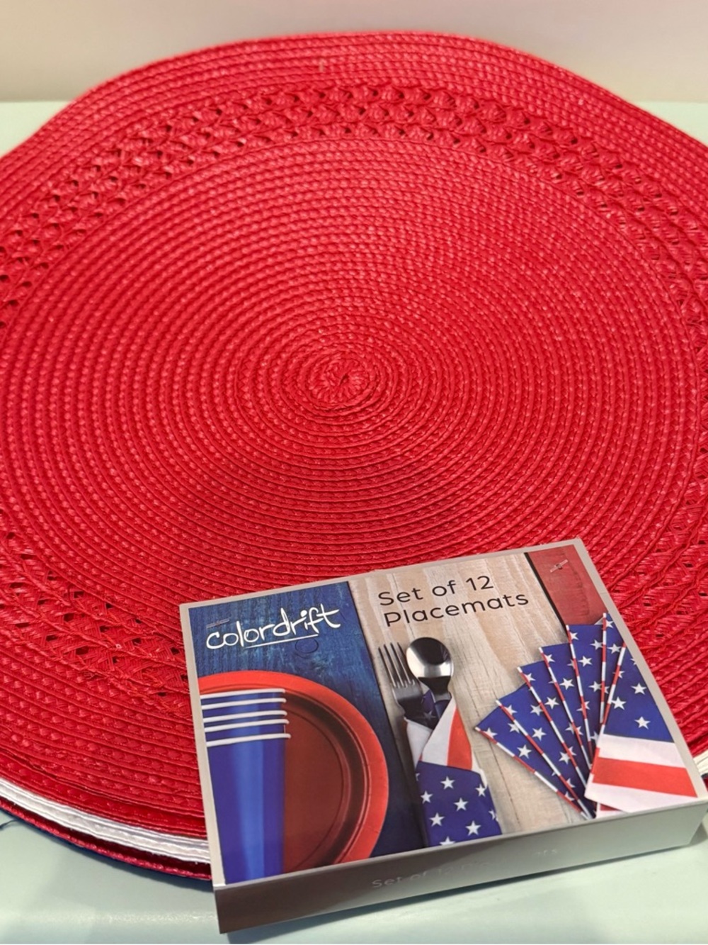 ColorDrift Red, White, and Blue Round Braided Placemats- Set of 12- NWT